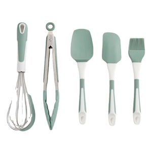 Green 5-piece silicone and stainless steel kitchen utensil set with white handles