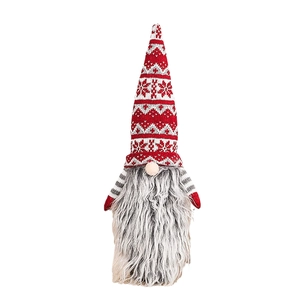 Christmas gnome wine bottle topper with red snowflake knit hat and long grey beard ornament