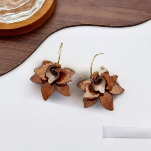 Detailed close-up of brown floral earrings with tortoiseshell texture and gold hooks