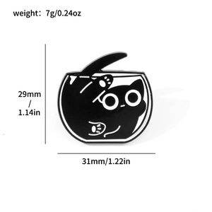 Cartoon black cat in fish tank enamel brooch pin with size 31mm and weight 7g details