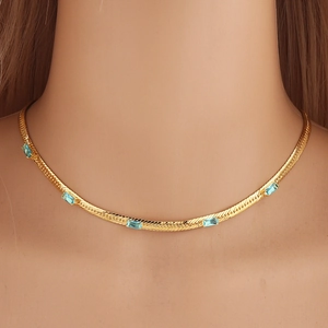 Gold plated snake chain necklace with rectangular sky blue zircon stones for women