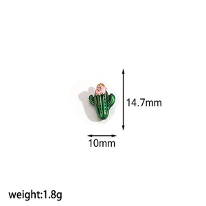 Detail view of a green cactus pendant with pink flower showing size 14.7mm and 1.8g weight