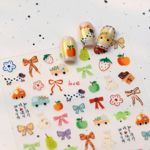 Süße Cartoon-Nagelaufkleber mit handgezeichneten Früchten und Tieren für 3D-Nagelkunst-Dekoration