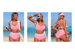 Three-way view of pink two-piece bikini with white trim and high-waisted bottoms