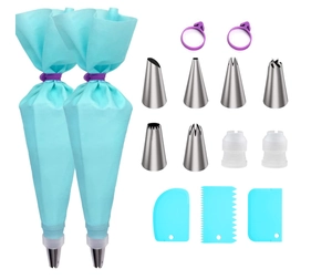 Detailed baking set with stainless steel tips, blue pastry bags, and icing scrapers