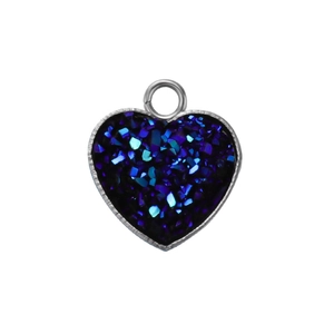 13mm heart-shaped stainless steel pendant with dark blue glitter stone inlay