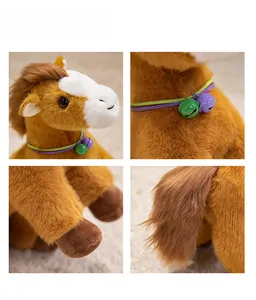 Detail of a brown plush horse toy showing soft texture, colorful bells, and fluffy tail
