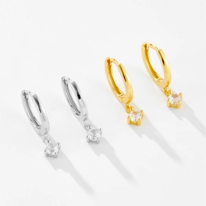 Minimalist S925 sterling silver hoop earrings with round cubic zirconia in gold and silver