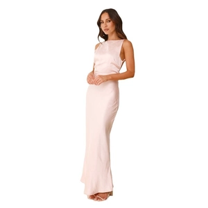 Pink satin halter neck mermaid maxi dress with sleek backless silhouette for evening parties