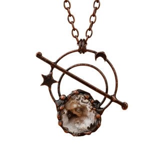 Vintage bronzen ketting met witte kristaldruzy, amethist maan en ster hanger