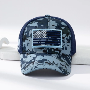 Casquette de baseball camouflage bleu avec patch drapeau américain et filet respirant