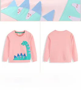 Detail of pink cotton sweatshirt for boys featuring cute dinosaur applique and rib knit collar