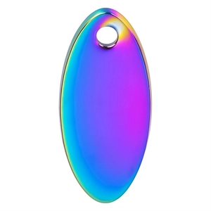 Macro shot of oval rainbow gradient stainless steel pendant with a smooth polished finish