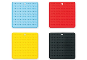 Detailed grid showing square silicone slow feeder mats in blue red yellow and black colors