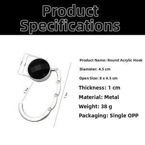 Detailed size specifications for a portable metal purse hook with black acrylic gem