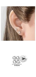 Detail view of 0.42cm silver four-leaf clover stud earring with size marking and ear model
