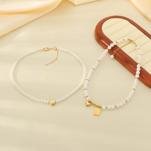 French style pearl beaded necklace with gold heart and square plate OT buckle pendants