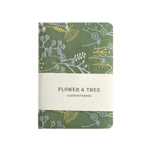 A6 portable linen cloth notebook with flower and tree embroidery in green color