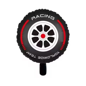 Close-up of racing tire foil balloon with black finish and white rim hub print details