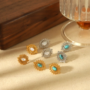 Boucles D Oreilles Puces Soleil Acier Inoxydable Plaqué Or 18K Turquoise Nacre Bijoux Bohème Rétro Pour Femmes