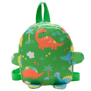 Green kids dinosaur backpack with cute cartoon prints and 3D fin decorations for school