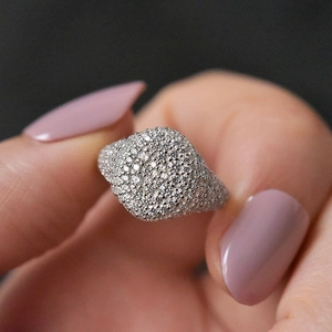 Exaggerated S925 silver 18K gold plated pavé diamond signet ring with rhombus top