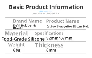 Detailed specification sheet for cat claw resin silicone mold showing dimensions and weight