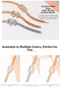 Detail view of rectangular quartz watches with rhinestone bezels and fish-scale steel bands
