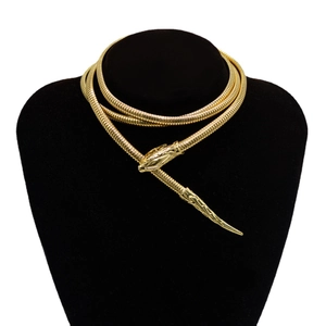 Elegant gold snake necklace with multi-layer wrap design on a black mannequin bust