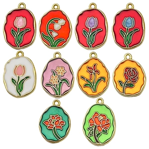 Pendentifs fleurs en émail doré avec tulipes et roses pour la création de bijoux DIY