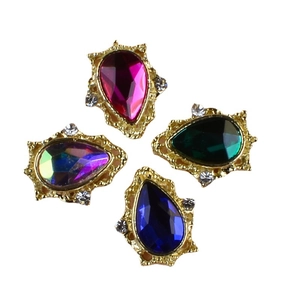Sparkling teardrop gemstone nail charms with gold metal base and AB rhinestones set