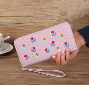 Light purple long clutch wallet with floral tulip embroidery and zipper wristlet