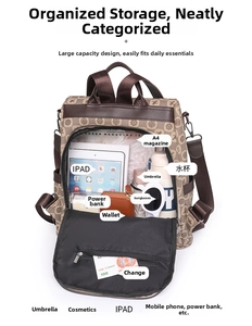 Detail of the large capacity interior showing daily items inside this vintage printed backpack