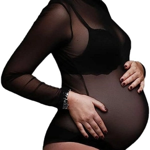 Elegant black long sleeve sheer mesh maternity bodysuit for photography on white background