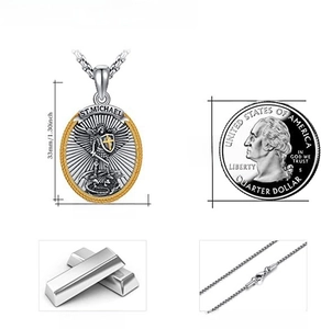 Detailed size comparison of St. Michael 925 sterling silver shield pendant necklace