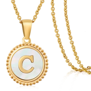 Detailed macro view of 18K gold plated necklace with shell letter C pendant and O-chain link