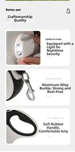 Detail of retractable dog leash featuring LED light and aluminum alloy carabiner hook