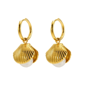 Elegant gold shell earrings with white pearl inlay, minimalist luxury jewelry style