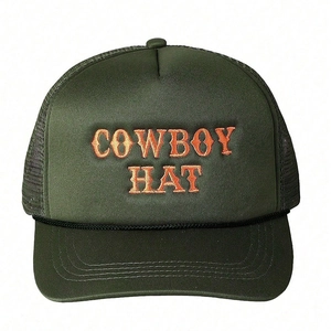 Olive green trucker hat with orange Cowboy Hat embroidery and mesh back panels