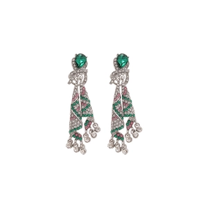 Vintage bohemian emerald drop earrings with pink and green rhinestones on white base