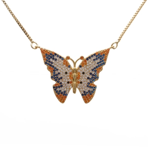 Golden butterfly pendant necklace with colorful cubic zirconia and box chain