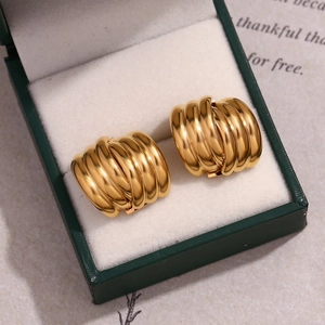 Detail of 18K gold-plated stainless steel earrings with triple-layered ribbed texture