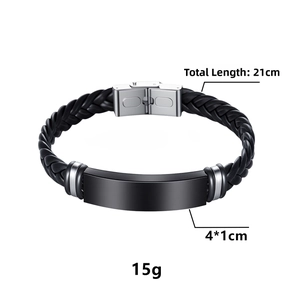 Detailed size chart for black braided leather bracelet with 21cm length and metal plate