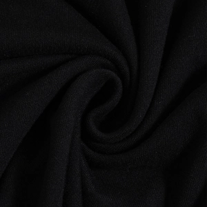 Close-up of black knitted fabric texture showing high-density weave and soft draping