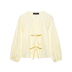 Women's 2025 light yellow V-neck blouse with long sleeves and elegant double bow ties