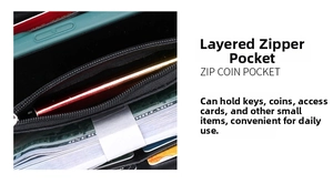 Detail view of large capacity long wallet with zipper pocket for smartphone and cards