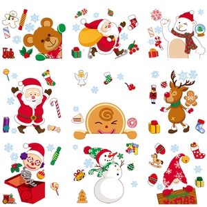 Christmas window stickers featuring Santa Claus, reindeer, and snowmen for party decor