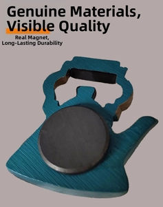 Detail of blue kettle fridge magnet with textured finish and strong circular back magnet