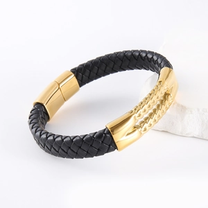 Men's braided black leather bracelet with gold-plated stainless steel magnetic clasp
