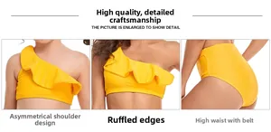 Détails du bikini asymétrique avec volants et taille haute dans un coloris jaune éclatant